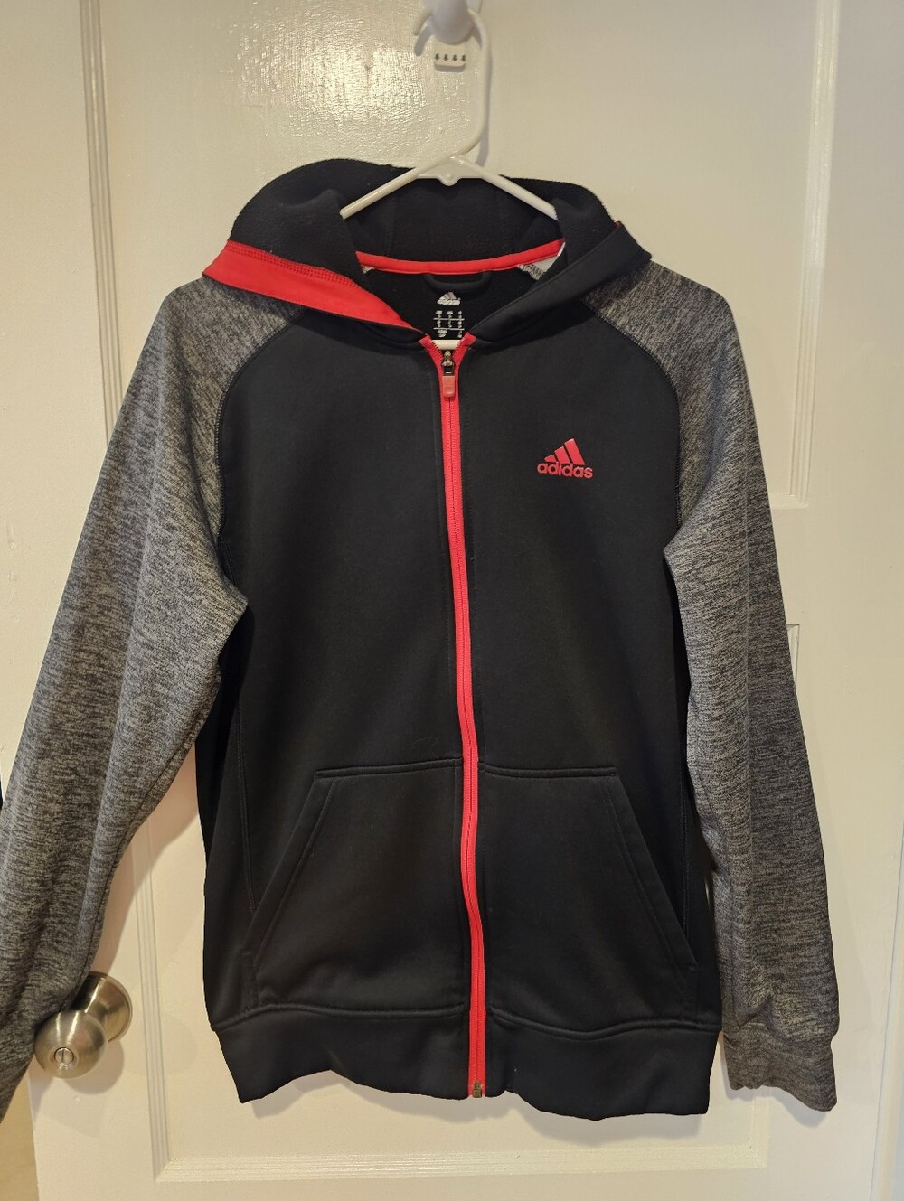 Adidas Black Hoodie with Gray Sleeves and Red Accents
